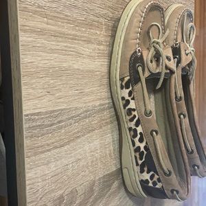 Sperry’s, tan with cheetah embellished siding, 8.5